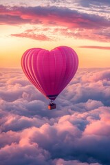 Obraz premium A heart-shaped hot air balloon floating above the clouds, with pink and red hues, creating an enchanting Valentine's Day scene. The sky has soft pastel colors, adding to the romantic atmosphere. 