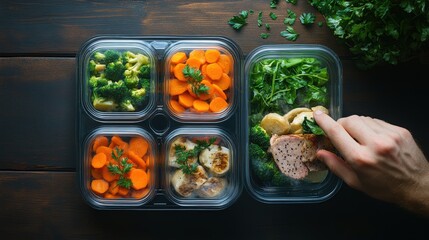 Person holding bread and sandwich with chef preparing takeout meals in restaurant kitchen