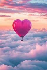 Fototapeta premium A heart-shaped hot air balloon floating above the clouds, with pink and red hues, creating an enchanting Valentine's Day scene. The sky has soft pastel colors, adding to the romantic atmosphere. 