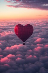 Fototapeta premium A heart-shaped hot air balloon floating above the clouds, with pink and red hues, creating an enchanting Valentine's Day scene. The sky has soft pastel colors, adding to the romantic atmosphere. 