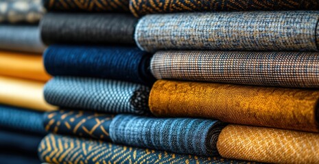 Close-up view of a vibrant fabric stack showcasing various textures and patterns in a textile shop