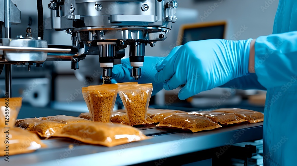 Poster worker in blue gloves operates packaging machine for food products in factory setting