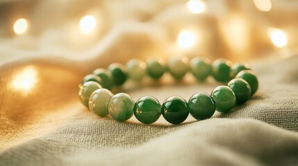 Elegant green jade bracelet displayed on soft fabric with twinkling lights in a cozy setting capturing the beauty of jewelry artistry