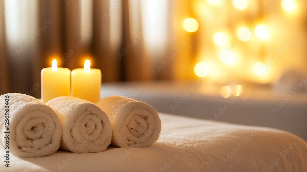 Poster cozy spa setting with rolled towels and glowing candles for relaxation and wellness : generative ai