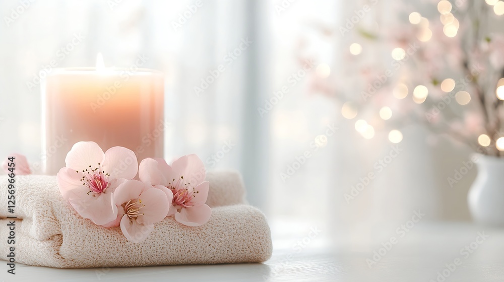 Poster elegant arrangement of a calming candle with pink flowers and cozy textile in a serene setting : gen