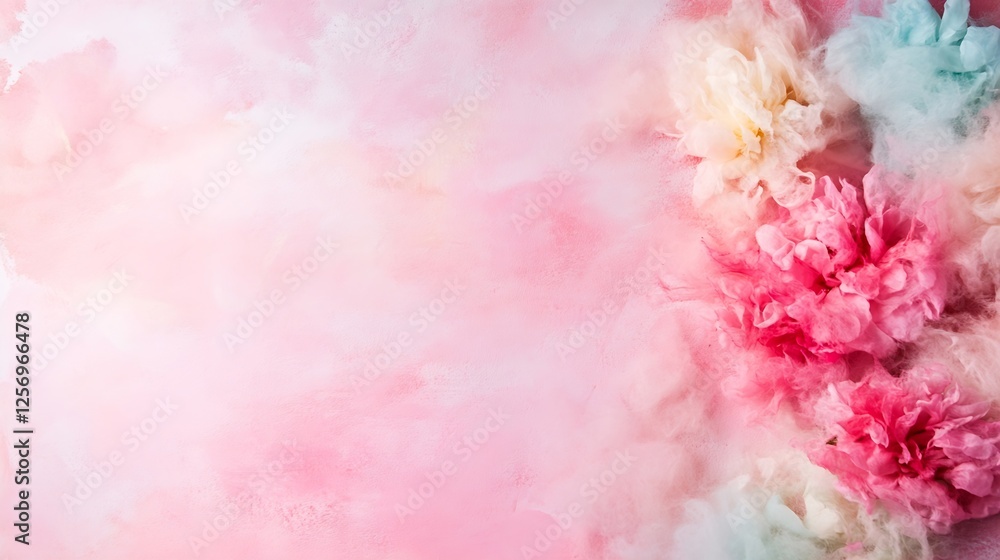 Poster soft pastel background with delicate pink and blue flowers creating an abstract floral design : gene