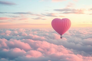 Obraz premium A heart-shaped hot air balloon floating above the clouds, with pink and red hues, creating an enchanting Valentine's Day scene. The sky has soft pastel colors, adding to the romantic atmosphere. 