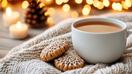 Cozy Winter Drink, Knitted Blanket, Candles, Festive Lights
