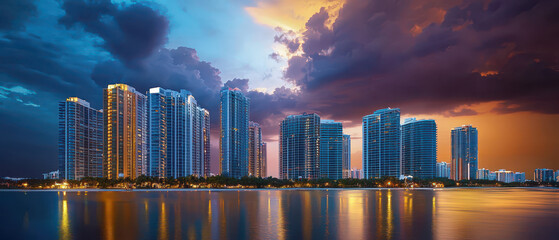 Obraz premium A stunning skyline at sunset reflects on tranquil waters, showcasing modern architecture against dramatic clouds.