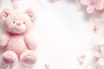 Fototapeta premium pink teddy bear and flowers on a white background for baby girl shower or birthday card design