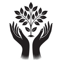 Hands Holding Young Tree Silhouette Symbolizing Environmental Care