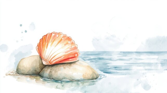 A beautiful watercolor illustration of a seashell resting on smooth rocks by the water's edge, evoking a sense of tranquility and natural beauty.