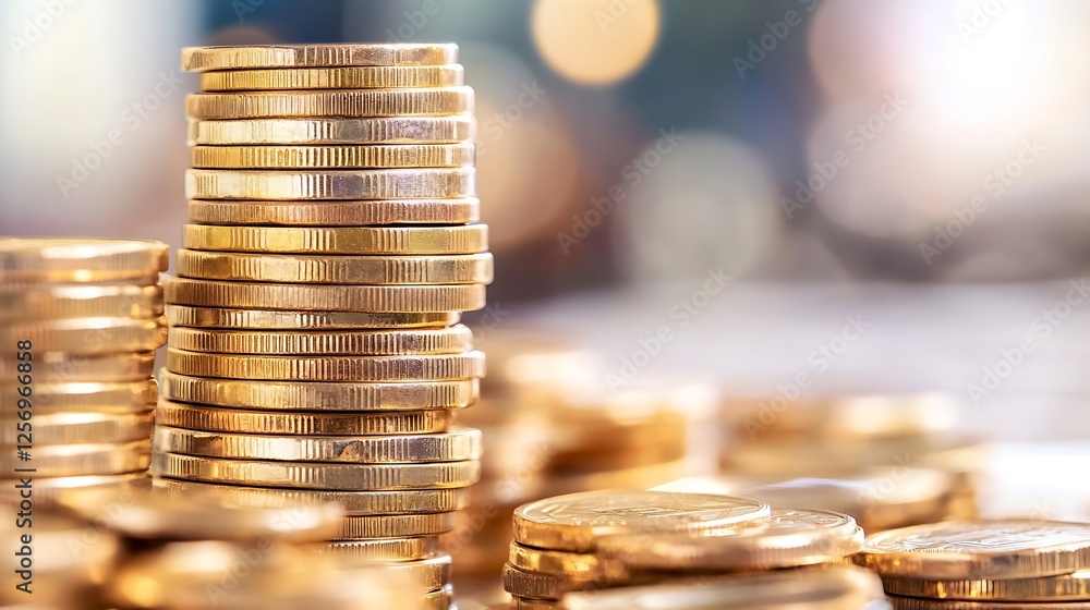 Poster Close up of shiny gold coins stacked high against a blurred sparkling background in soft natural light : Generative AI
