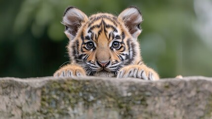 Cute Tiger Cub Peeking Over Rock, Natural Setting