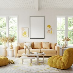 Frame mockup, ISO A paper size. Living room wall poster mockup. Interior mockup with house background. Modern interior design. 3D render