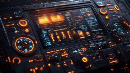 Obraz premium Futuristic spaceship control panel; orange lights; dark background; Sci-Fi interface