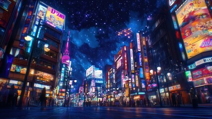 Obraz premium A vibrant cityscape illuminated by neon lights under a starry sky.
