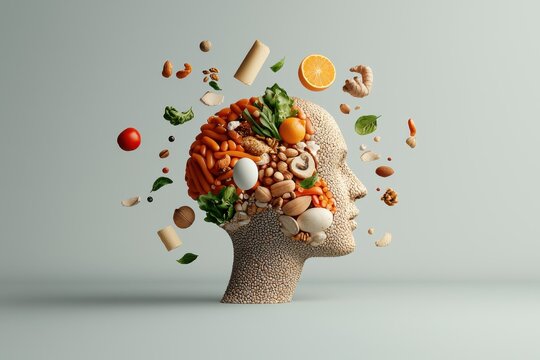 A creative representation of the human mind filled with vibrant fruits and organic elements symbolizing health and wellness.