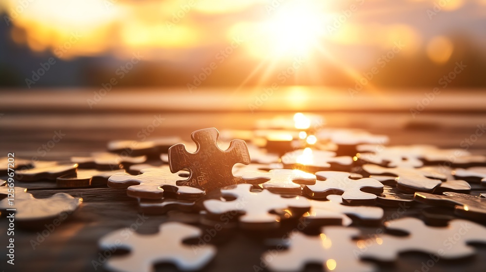 Poster Sunlit Puzzle Piece on a Table Surrounded by Other Pieces Signifying Completion and Fun : Generative AI