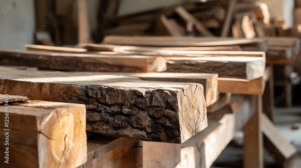 Poster close up of stacked wooden logs arranged neatly in a workshop ready for craftsmanship : generative a