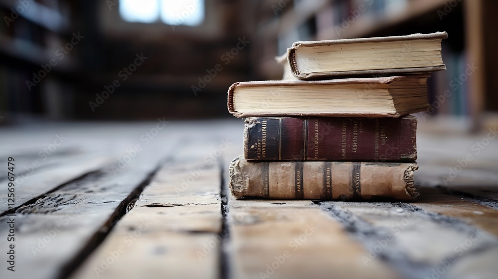 Poster Three vintage books stacked on a wooden floor in a library creating a nostalgic reading atmosphere : Generative AI
