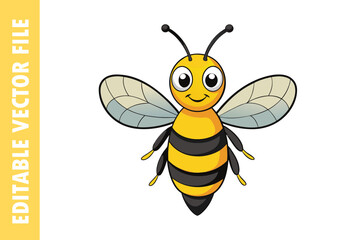 Happy Cartoon Bee Vector, Cute Honey Bee, Editable Insect Illustration Design