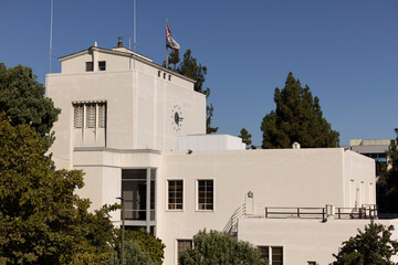 Burbank, California, USA - August 8, 2024: Afternoon sun shines on the Moderne Art Deco exterior, completed in 1943.
