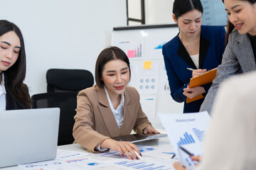 Business team brainstorming for planning strategies, laptop meeting with collaboration to present group project in office.