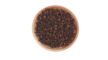 Top View of Dried Cloves on Wooden Plate with Selective Focus Isolated on Transparent Background