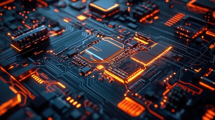 Obraz premium Abstract Circuit Board with Glowing Orange Lines