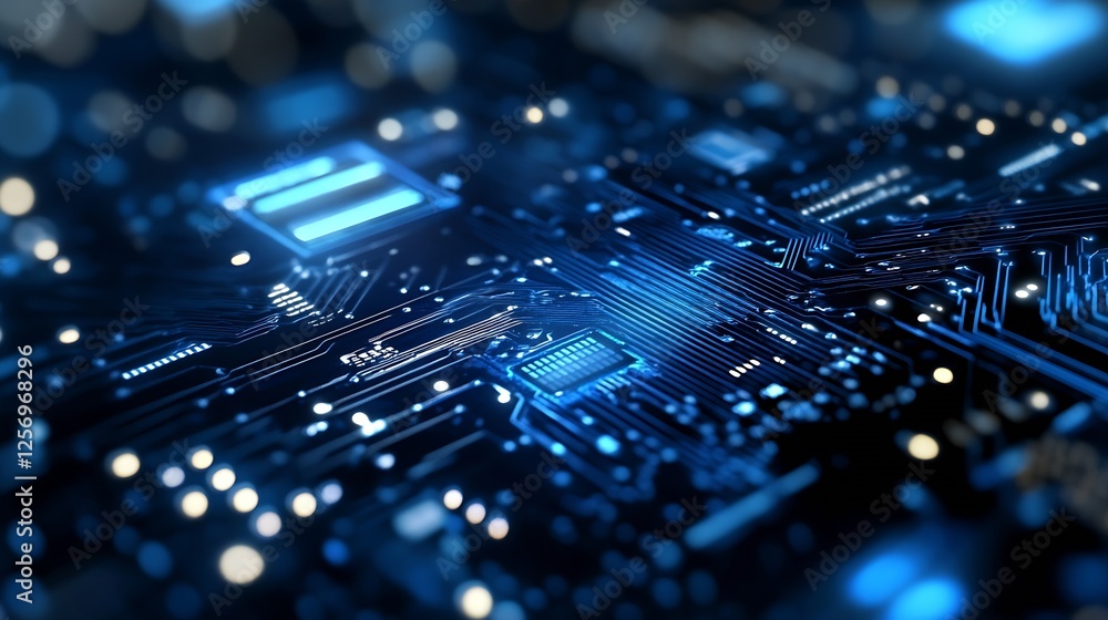 Poster Stunning close up of a futuristic blue circuit board showcasing advanced technology and intricate patterns : Generative AI