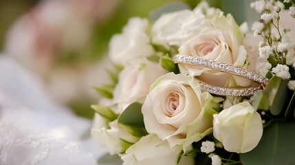 Elegant bouquet of roses adorned with diamond rings showcasing beauty and romance in a bridal setting : Generative AI