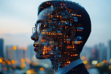 Futuristic Digital Identity Concept with a Tech-Infused Profile Against Cityscape
