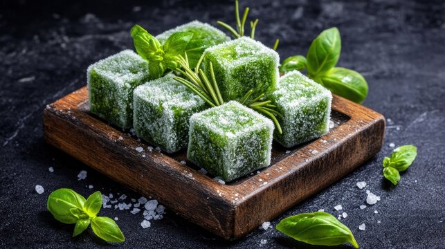 Wooden bowl filled with green sugar cubes and frozen herb cubes with fresh rosemary closeup image