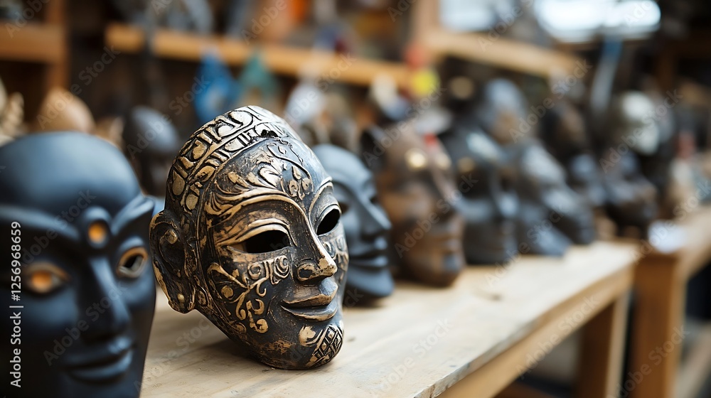 Poster artistic display of handcrafted ethnic masks arranged neatly on a wooden shelf in vibrant colors : g