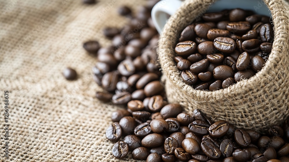 Poster freshly roasted coffee beans spilling out of a burlap sack onto a textured natural background : gene