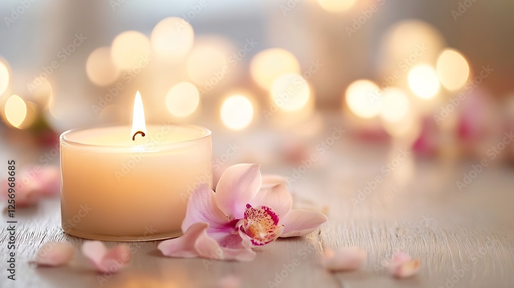 Poster Tranquil arrangement of a lit candle surrounded by delicate petals creating a harmonious atmosphere of relaxation : Generative AI
