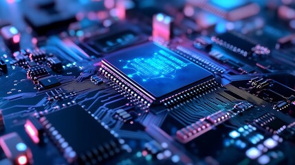 Closeup view of a modern microchip on a detailed circuit board with neon lighting effects : Generative AI