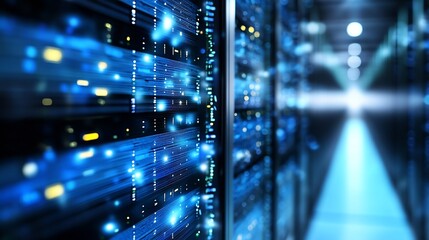 Closeup of glowing data cables and server racks in a hightech data center with blue light reflections : Generative AI