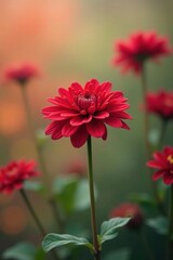 Obraz premium A single vibrant crimson dahlia, its petals unfurling in delicate beauty, stands tall amidst a soft-focus backdrop of similar blossoms, creating a serene and captivating floral scene.