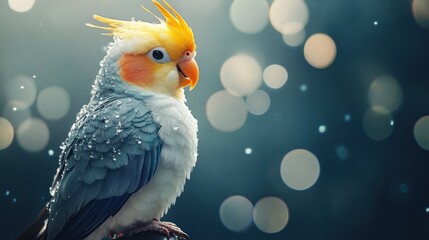 A vibrant cockatiel with droplets on its feathers, set against a blurred, bokeh background.