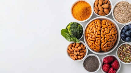 A creative arrangement of healthy foods symbolizing brain nutrition and cognitive health benefits for a balanced diet.