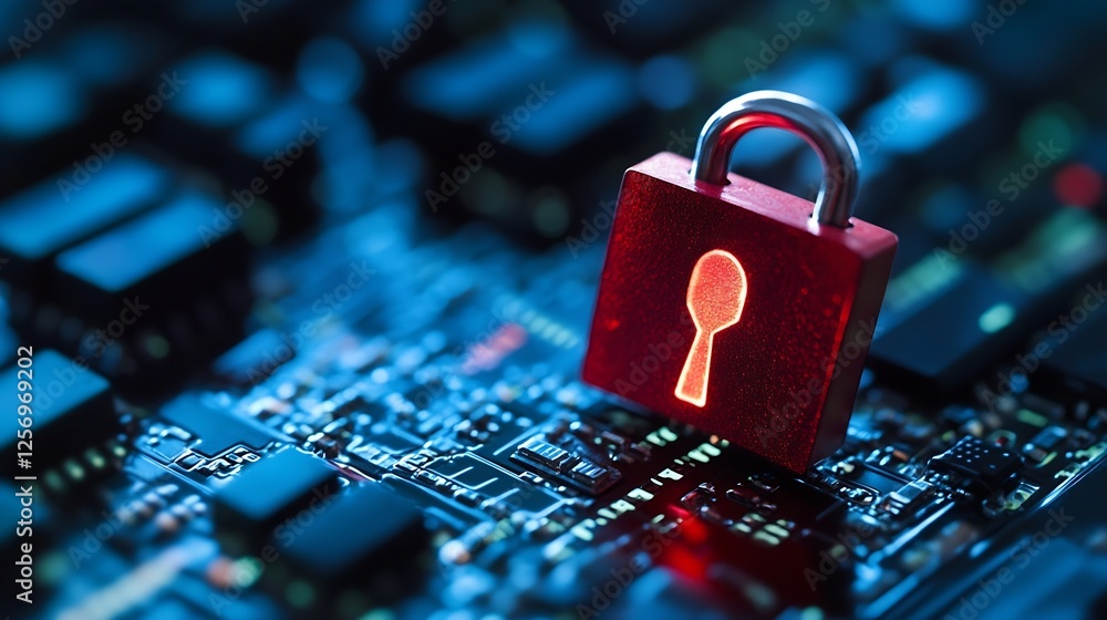 Fototapete Closeup view of a digital red padlock on a circuit board representing digital security and encryption : Generative AI
