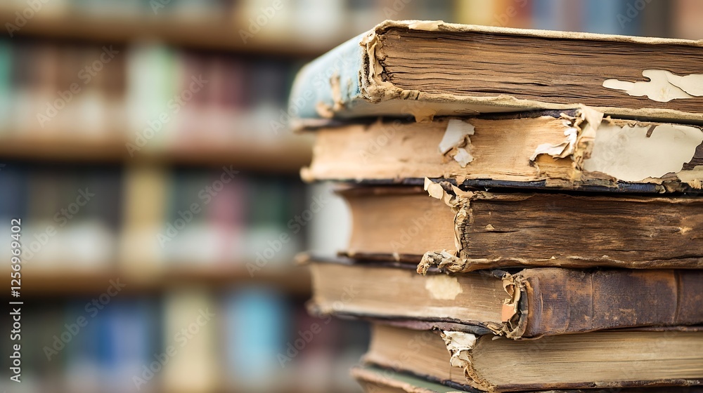Poster Stack of worn vintage books with frayed edges and faded covers displayed in a library setting filled with history and knowledge : Generative AI