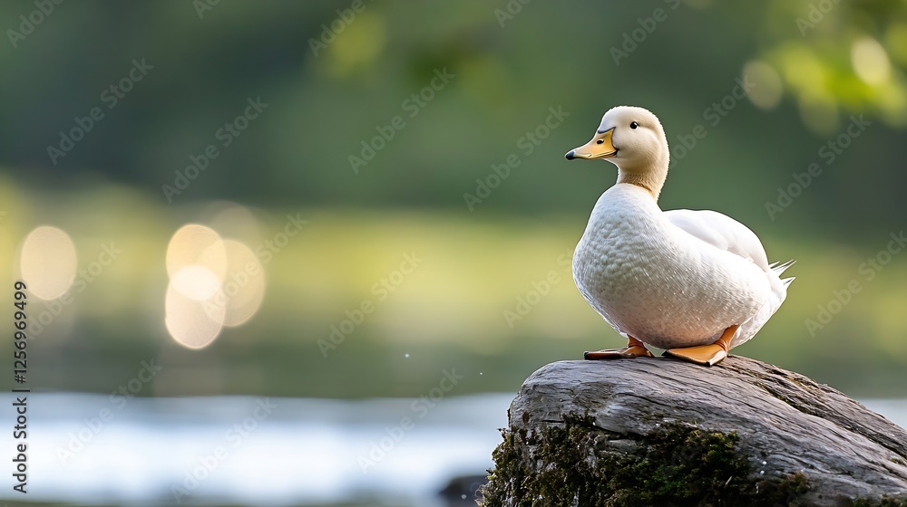 Aufkleber charming duck relaxing on a rock beside a tranquil water body in nature : generative ai