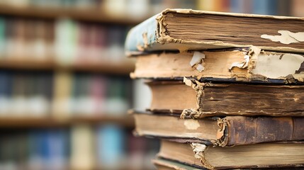Stack of worn vintage books with frayed edges and faded covers displayed in a library setting filled with history and knowledge : Generative AI