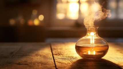 Glowing potion in glass bottle on wooden table