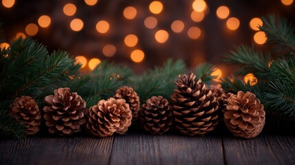 Festive pinecones arranged on a wooden surface, illuminated by warm bokeh lights in the background
