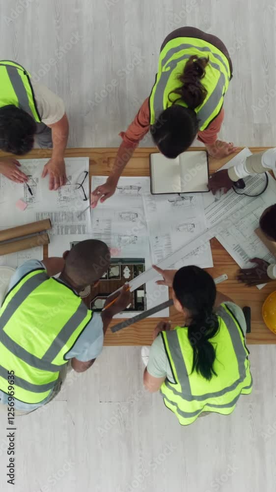 Aufkleber architecture, teamwork and above of people with blueprint for design, floorplan and building. engine