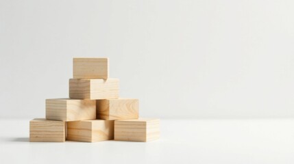 Simple wooden blocks arranged in a pyramid shape on a white surface